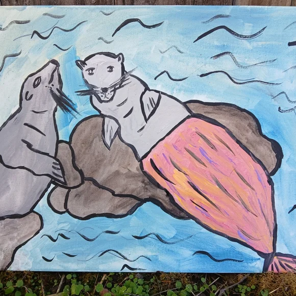 Sea Lions Mermaid Painting Folk Art - Picture 8 of 14